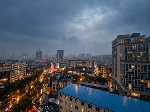 阴雨天色下的城市全景，街上的车灯与楼宇窗口透出暖光